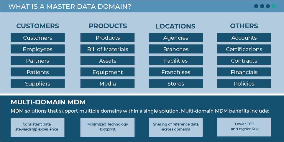 Examples of Customer, Product, Location and other types of master data — and how multidomain MDM holistically manages every data type.