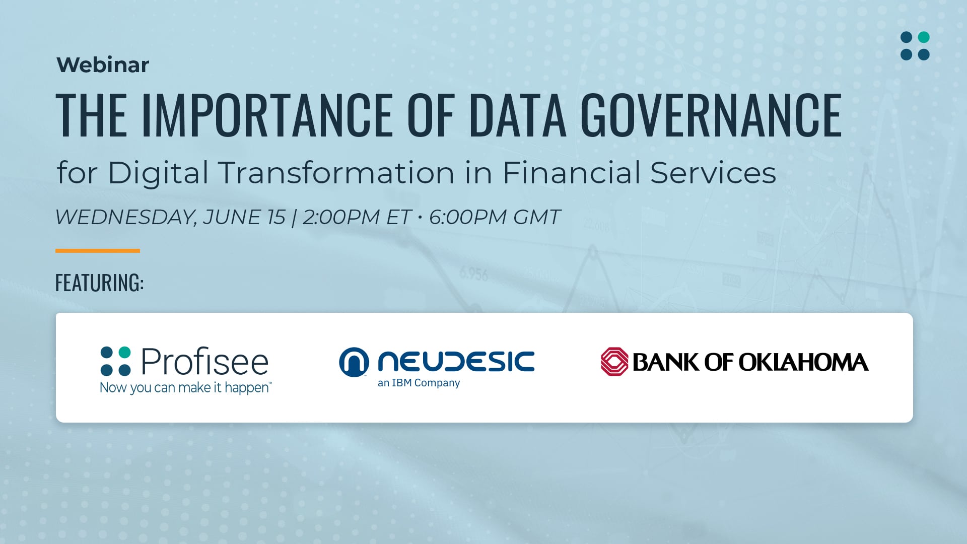 Banner image of Profisee webinar with the title: "The importance of datagovernance for digital transformation in financial services".