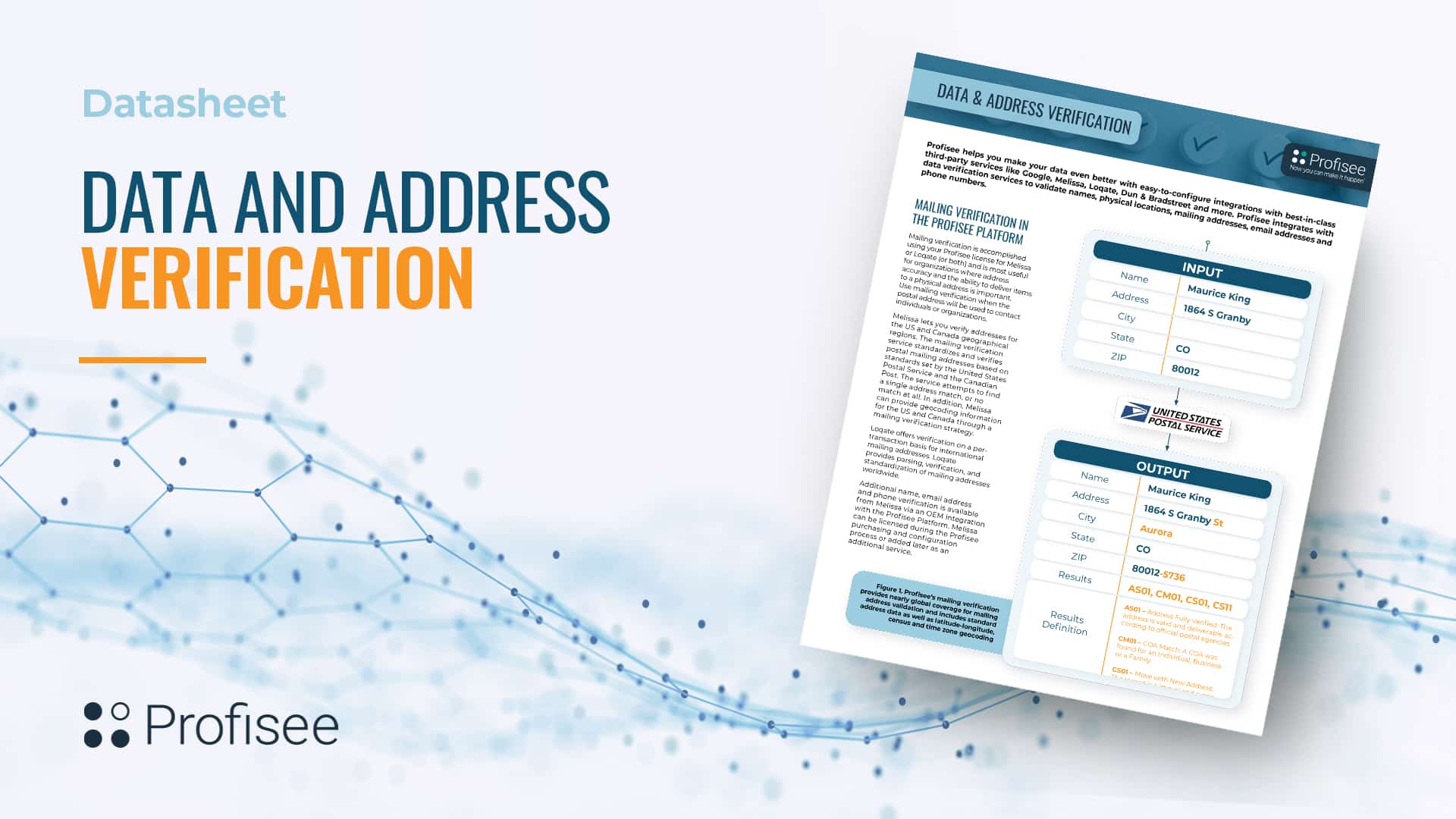 Datasheet titled "Data and Address Verification," with the Profisee logo.