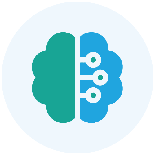 Brain icon with teal and blue halves representing digital connections.