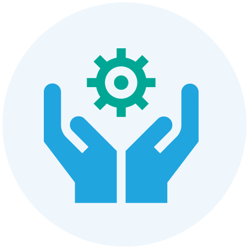 Hands holding a gear icon.