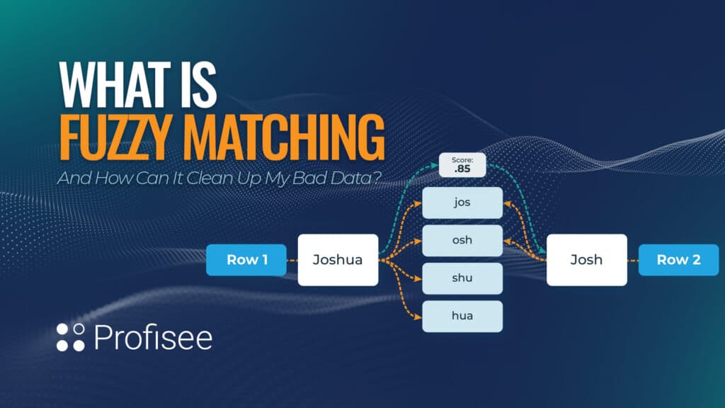 A diagram explaining "What is Fuzzy Matching" and showing how it can clean up insufficient data by matching variations like "Joshua" to "Josh."