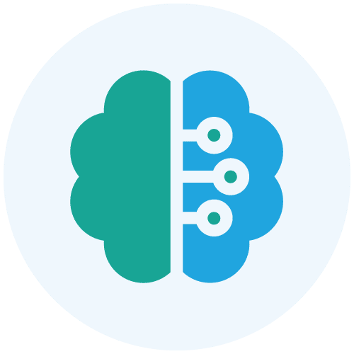 Brain icon with teal and blue halves representing digital connections.