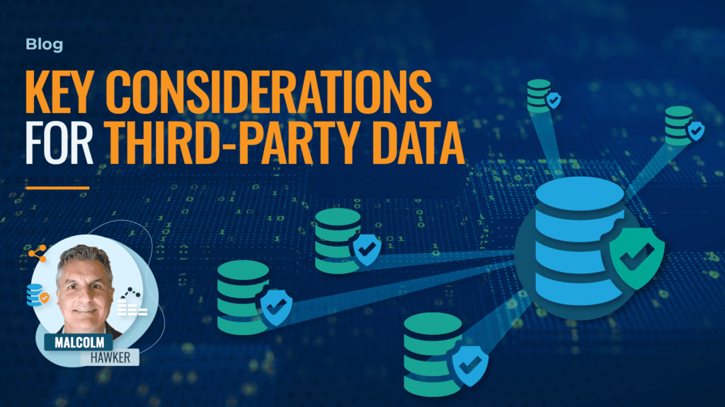 Icons depicting different databases are connected by threads. Text reads "Key Considerations for Third-Party Data."