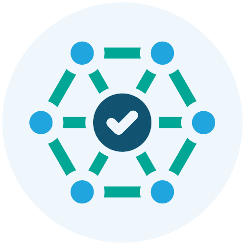 Connected network with central checkmark against a light gray circular background.