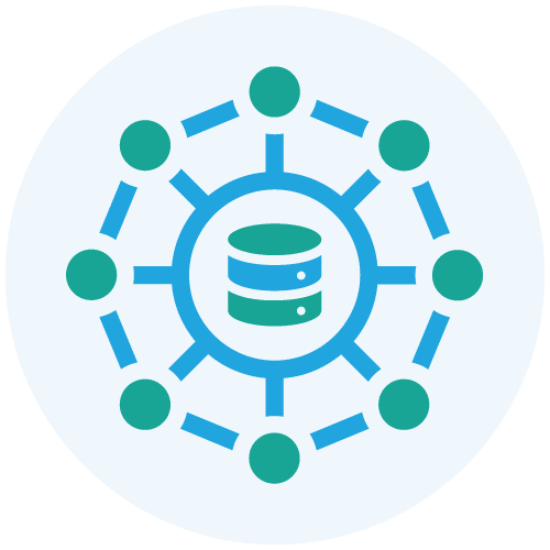 Icon depicting a central database connected to a network of nodes, representing data sharing or data management.