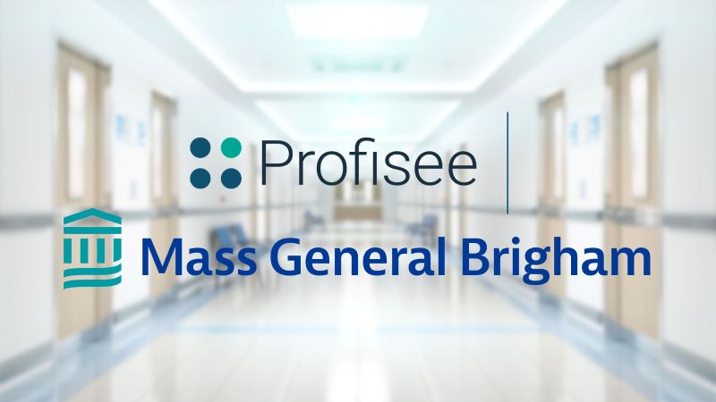 The Profisee and Mass General Brigham logos are displayed over a blurred image of a hospital hallway.