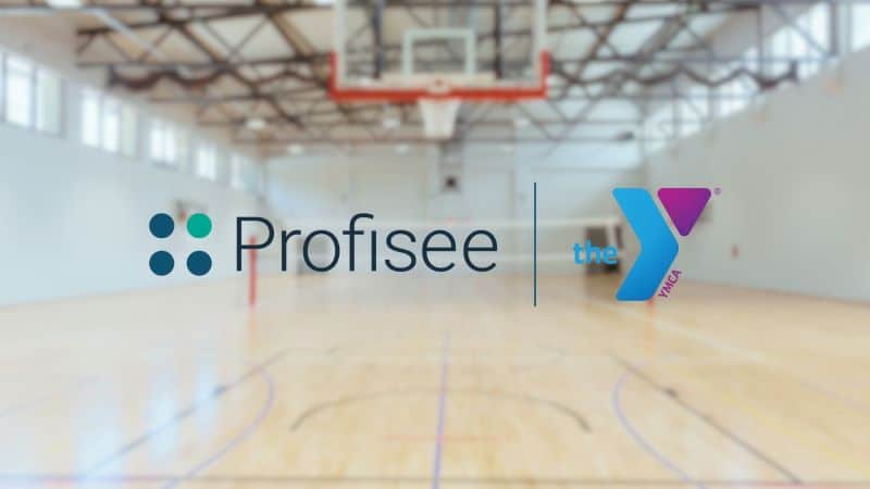 The Profisee and YMCA logos are superimposed over a blurred basketball court.