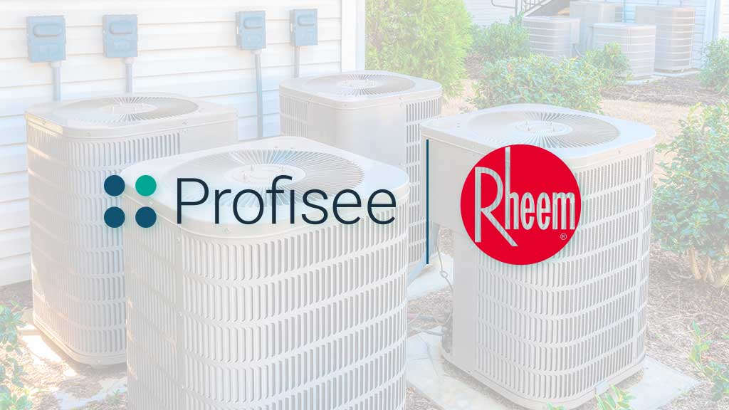 The Profisee and Rheem logos overlaid on an image of several outdoor air conditioning units.