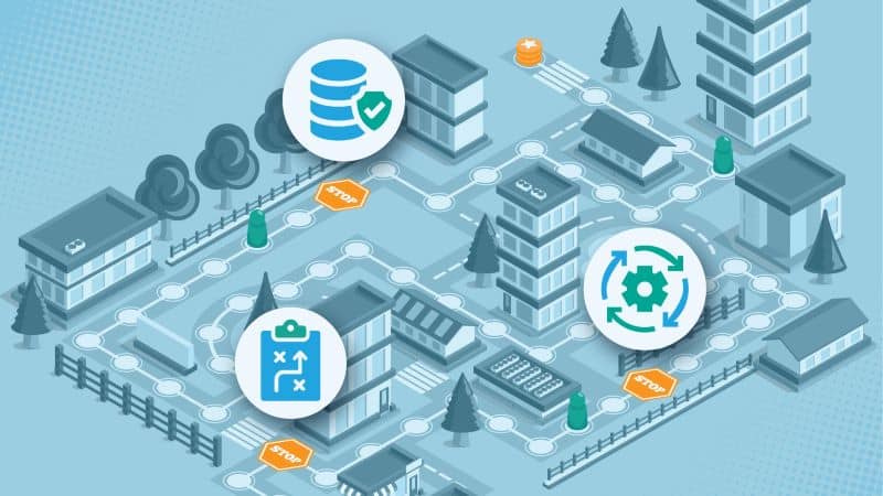 An illustration resembling a business board game featuring buildings, trees, and icons representing data, strategy, and processes.