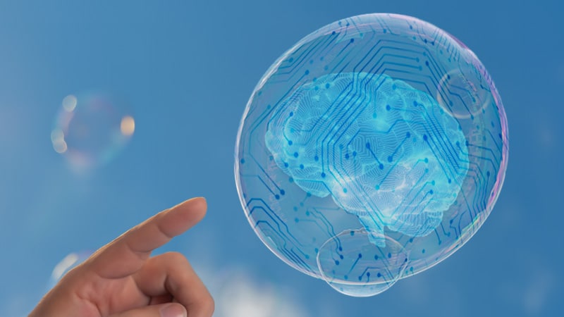 An illustration of a person about to pop a bubble containing an AI brain.