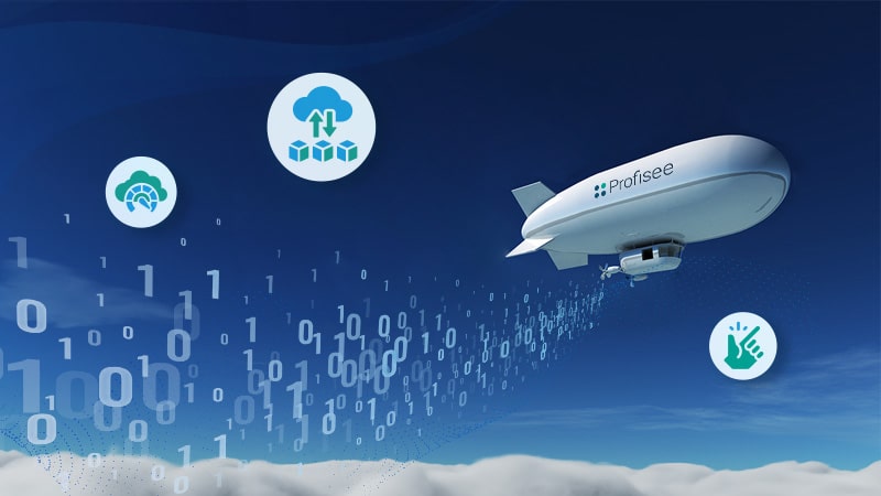 A string of binary code floats up above the cloud into an airship with the Profisee logo printed on its hull.