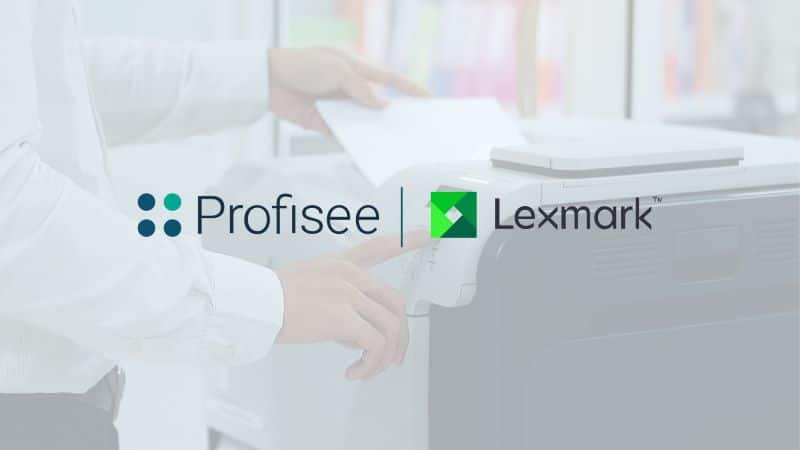 The Profisee and Lexmark logos shown in the context of a person using a printer/copier.