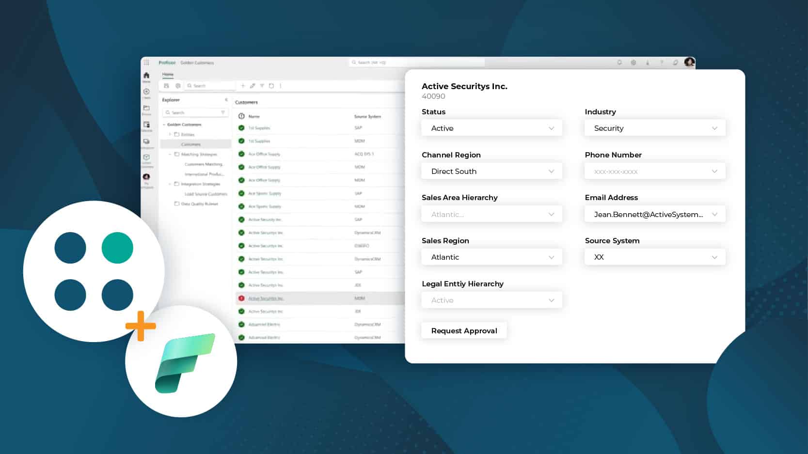 Screenshot showcasing Profisee's Master Data Management (MDM) capabilities embedded within Microsoft Fabric. The image displays streamlined entity management, data quality tools, and an intuitive interface for managing master data records seamlessly within the Fabric platform.