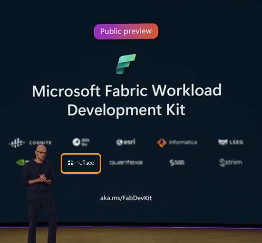 Screenshot of Microsoft Ignite presentation slide highlighting Profisee as a partner for the Microsoft Fabric Workload Development Kit.