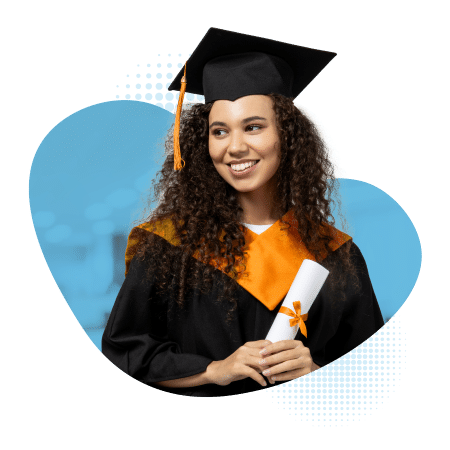 Hero image of student in cap and gown celebrating graduation, symbolizing achievement and success in higher education