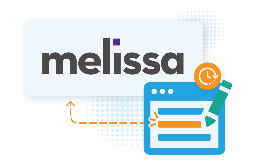 Dotted line with an arrow pointing from an icon representing real time editing towards the Melissa Lookup logo.