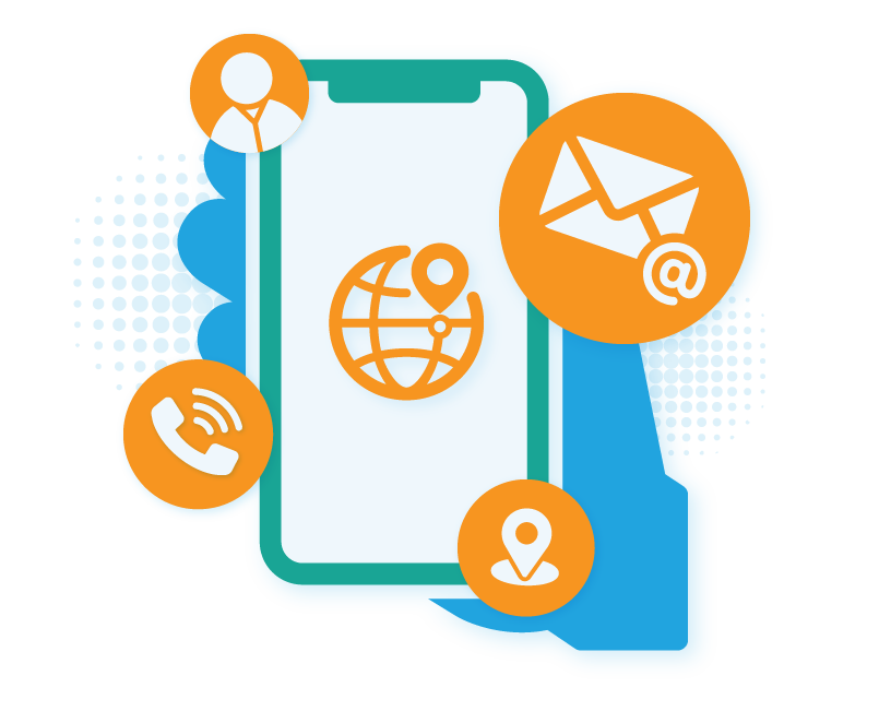 Hand holding phone surrounded by icons representing emails, names, calls, location, and geolocation.