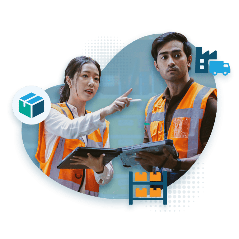 Two workers wearing orange vests working on organizing boxes of products.