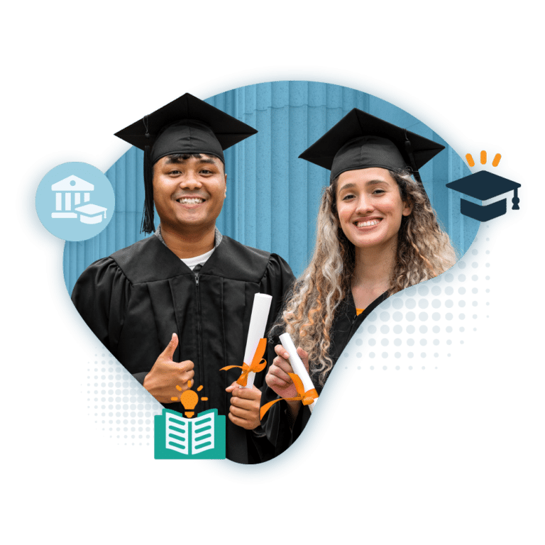 Hero image of two students holding their diplomas at graduation.