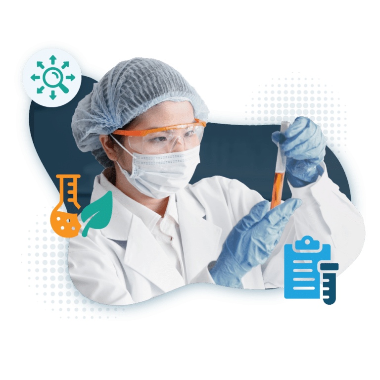 Hero image of woman wearing a lab coat, mask, and hair net holding a test tube.