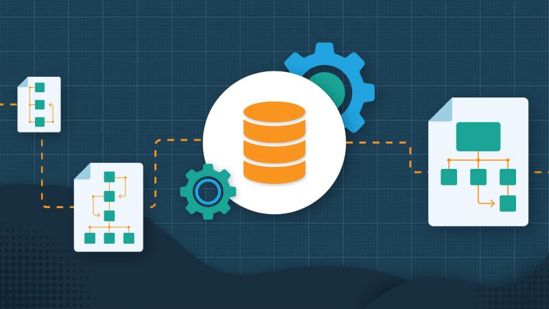 Icons representing a database, mechanical gears, and hierarchical structures float against a blue background to symbolize data modeling.