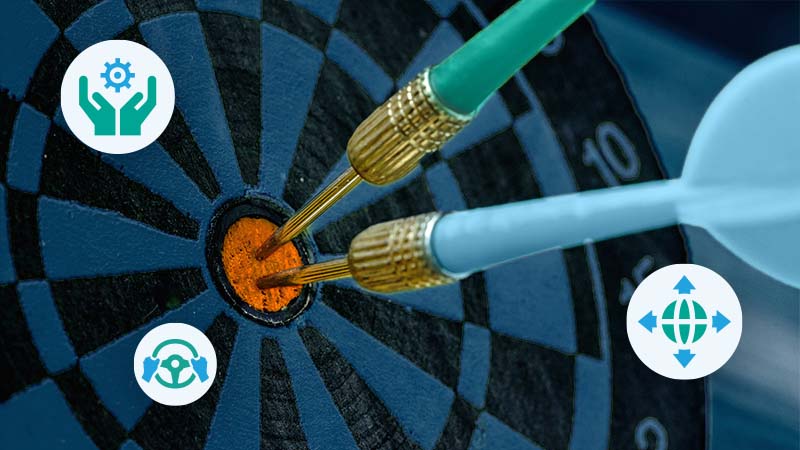 Two darts stick into the bull's eye of a dart board with icons symbolizing MDM best practices floating around them.