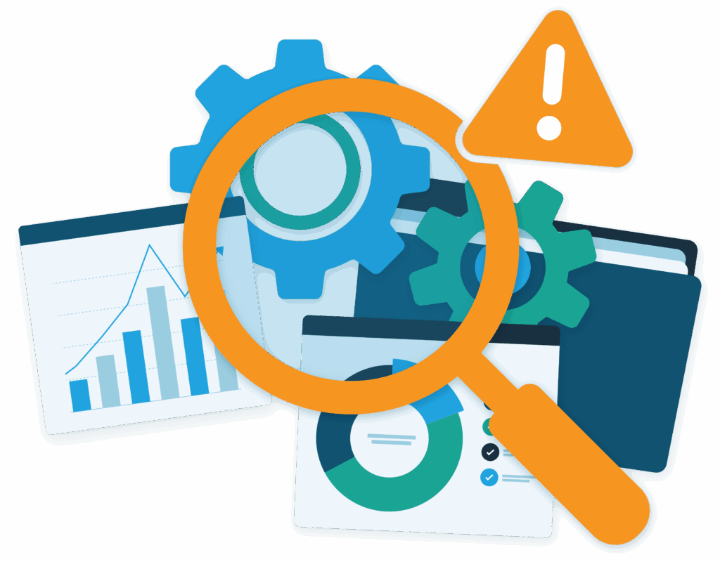 Graphic of datasheets covered by a magnifying glass and an error icon.