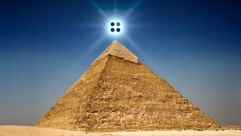 A pyramid stands alone in the desert with a shining Profisee logo hovering above its peak.