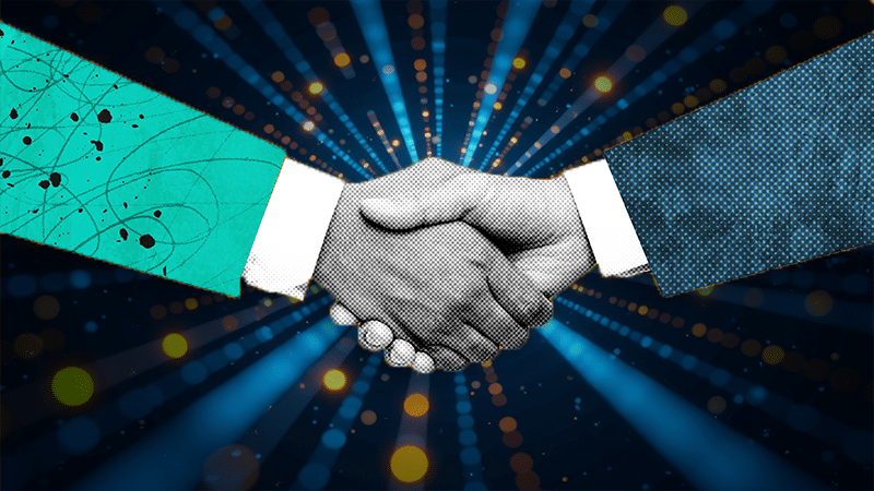 Two hands shake over a graphic background representing a central data file