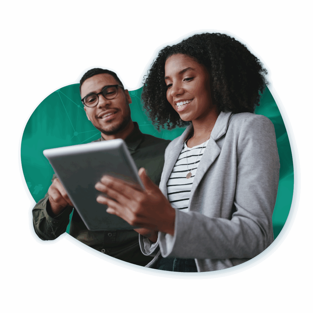 Image of a man and woman looking at a tablet together.