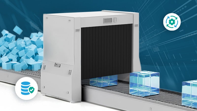 Blocks of raw data move along a conveyor belt through a machine that transforms it into standardized data.
