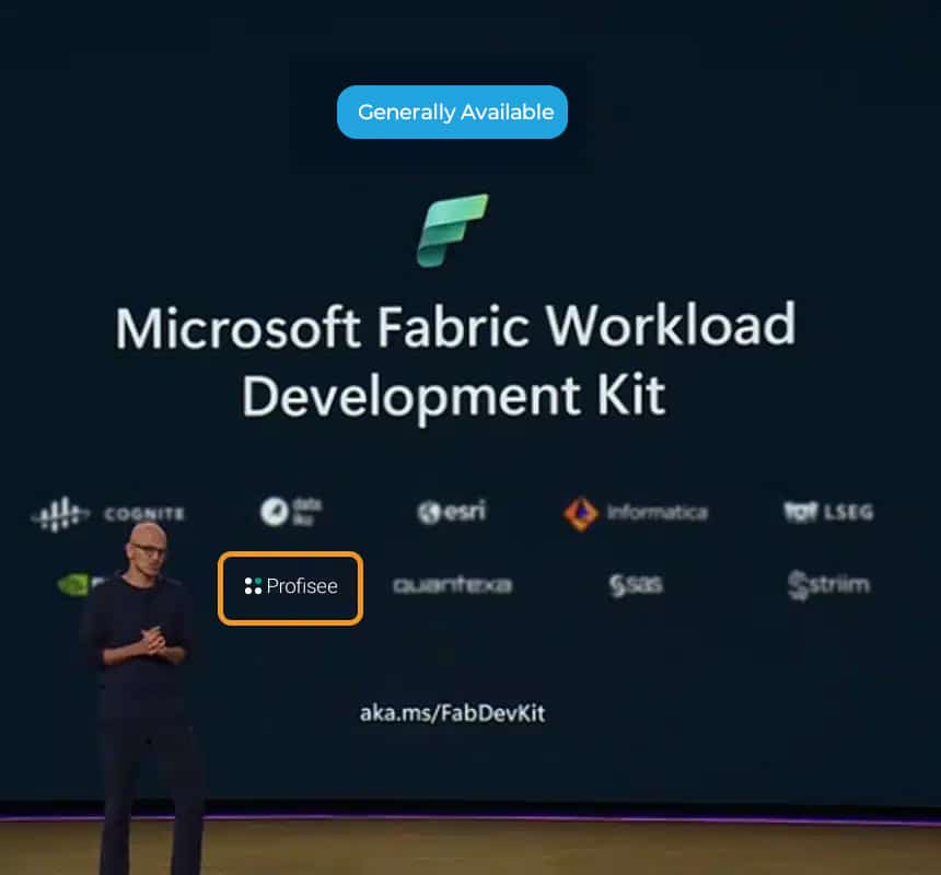 Screenshot of Microsoft Ignite presentation slide highlighting Profisee as a partner for the Microsoft Fabric Workload Development Kit.