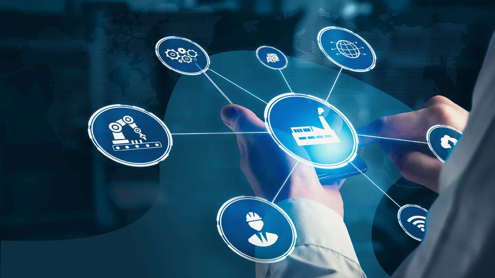 A knowledge worker holds a device projecting a hologram of different icons representing different aspects of the supply chain.