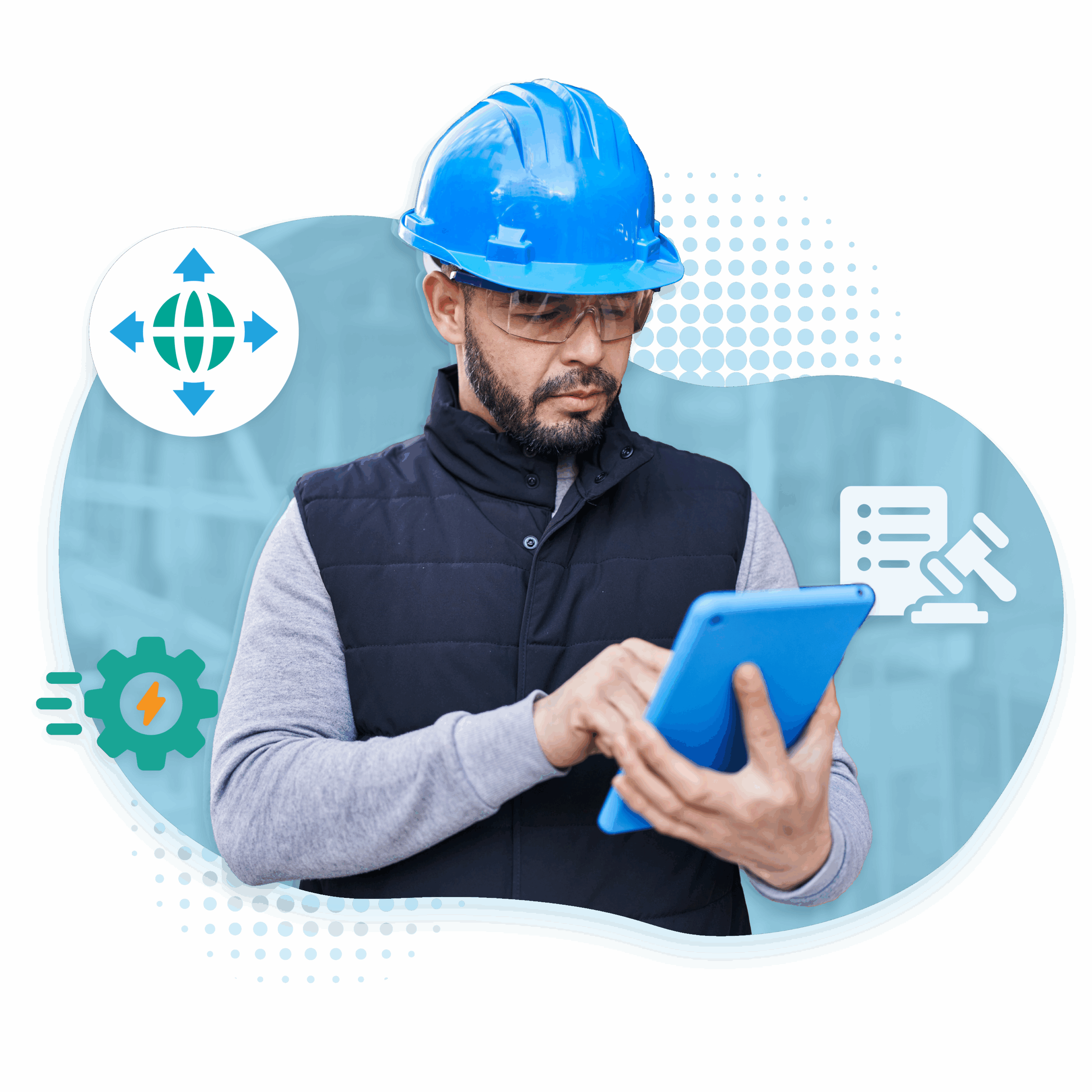 Hero graphic of a man in a hard hat monitoring his tablet while surrounded by graphics representing governance.