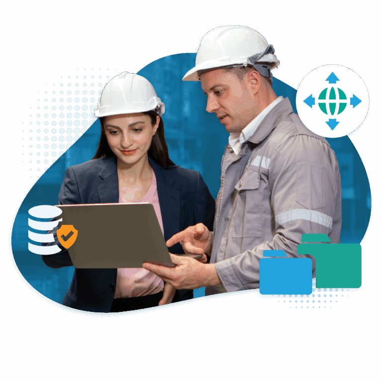 Hero graphic of two people wearing hard hats looking at a laptop together.
