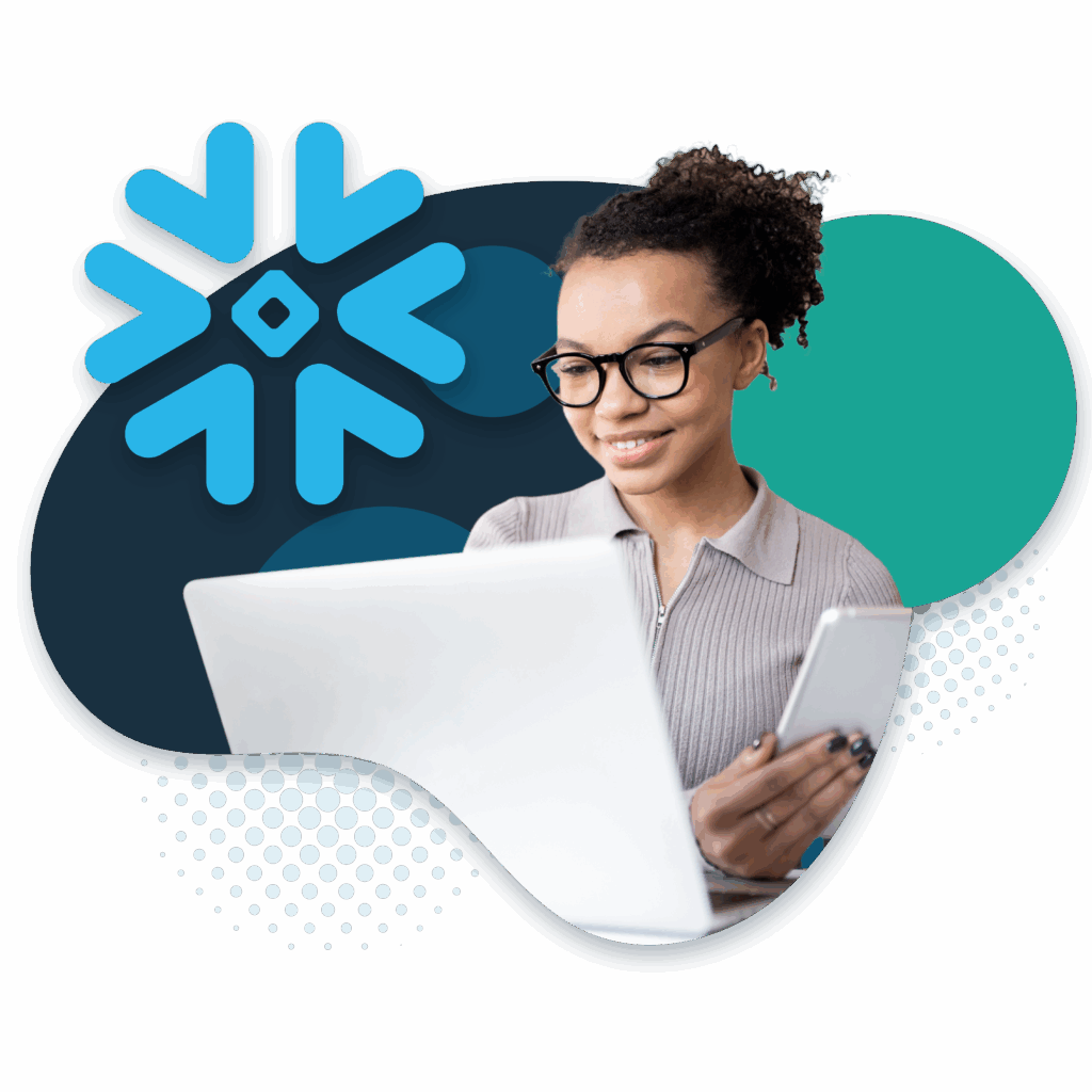 Image of a woman on her laptop and tablet. The official Snowflake logo and Profisee logo are in the background.