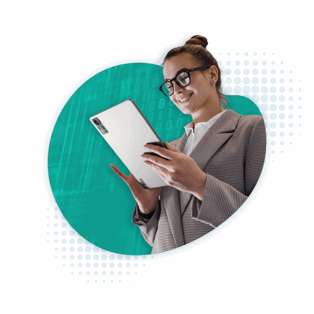 Hero graphic of a woman looking at a tablet with a screenshot of the Aisey chat box.