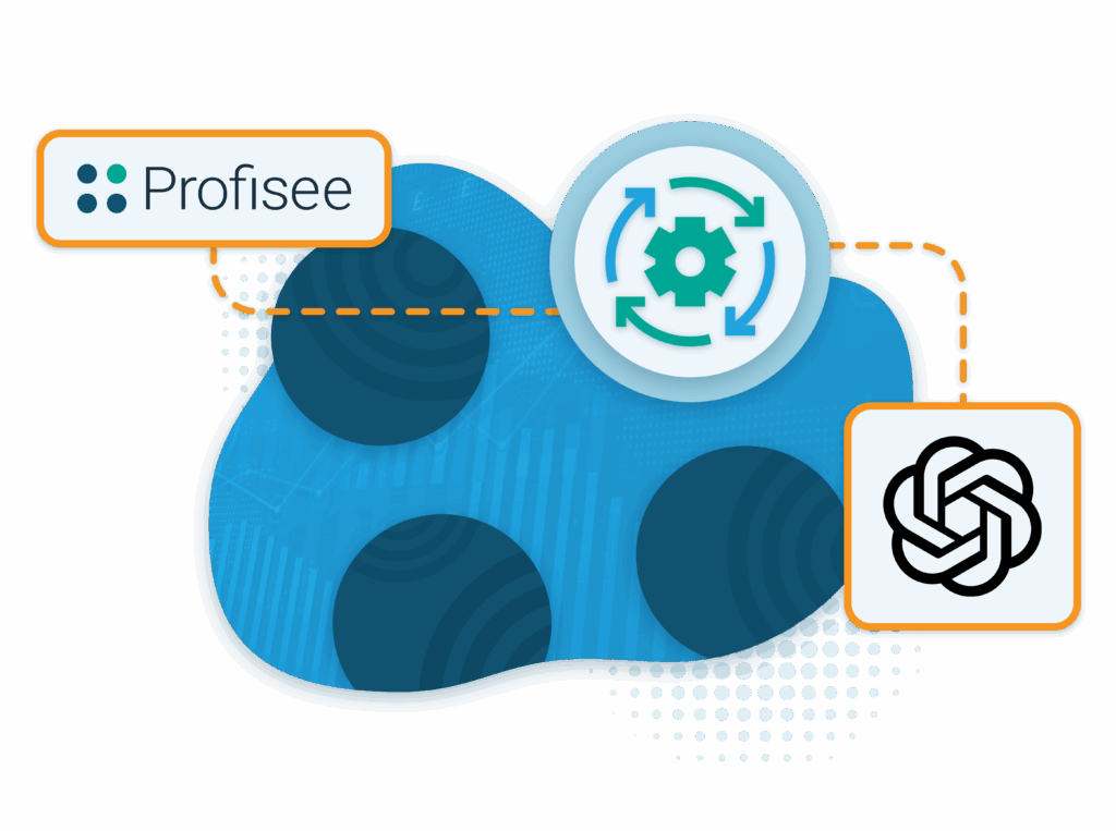 Graphic of official Profisee logo and OpenAI logo branching together to a gear icon.