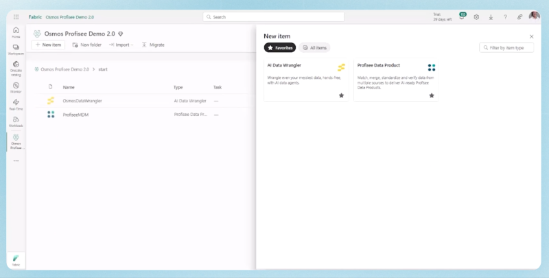 The workload hub in Microsoft Fabric for Profisee and Osmos.