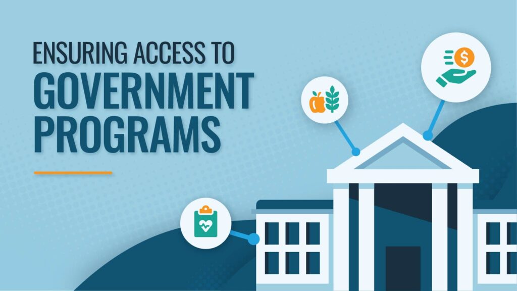 Graphic of a government building surrounded by a healthcare icon, nutrition icon, and a finance icon.