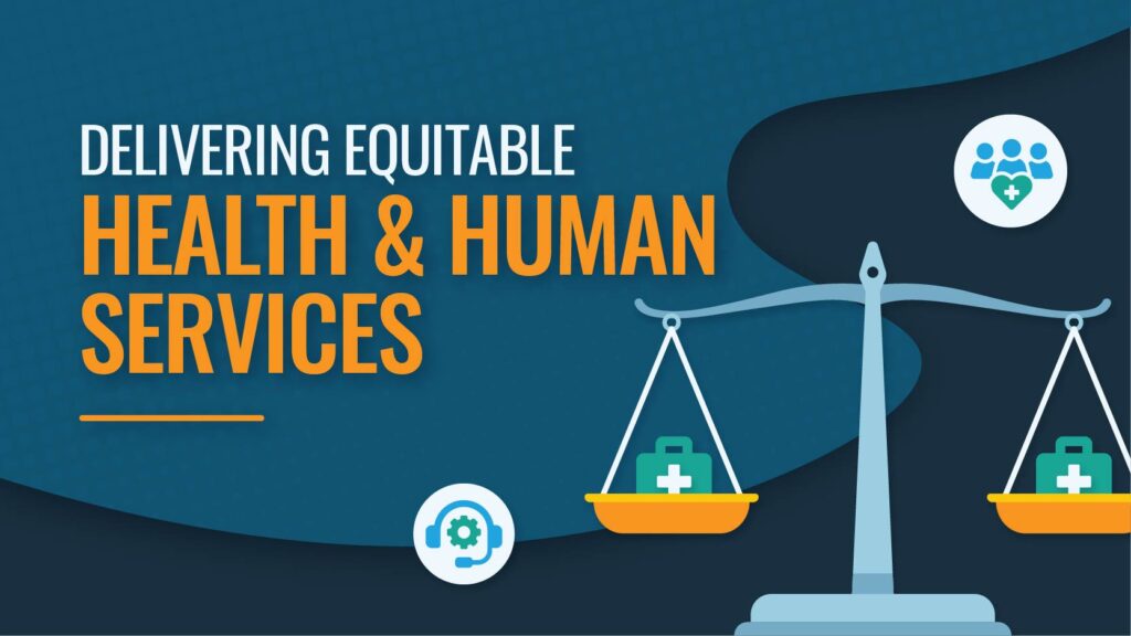 Graphic of an even scale surrounded by healthcare and human service icons.