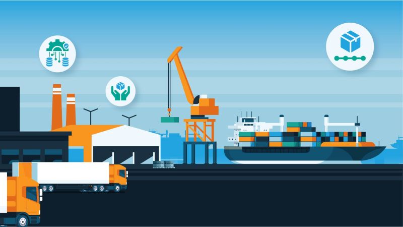 A crane loads shipping containers onto a cargo ship at a large commercial port.