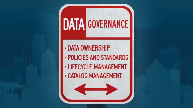 A street sign for parking but instead of parking rules it has the principles of master data governance printed on it.