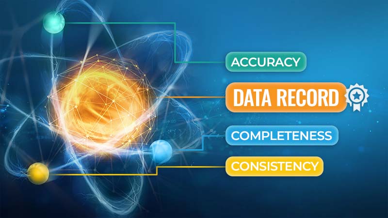 Featured image of an atom where the nucleus represents a data record and the orbiting electrons symbolize accuracy, completeness and consistency.