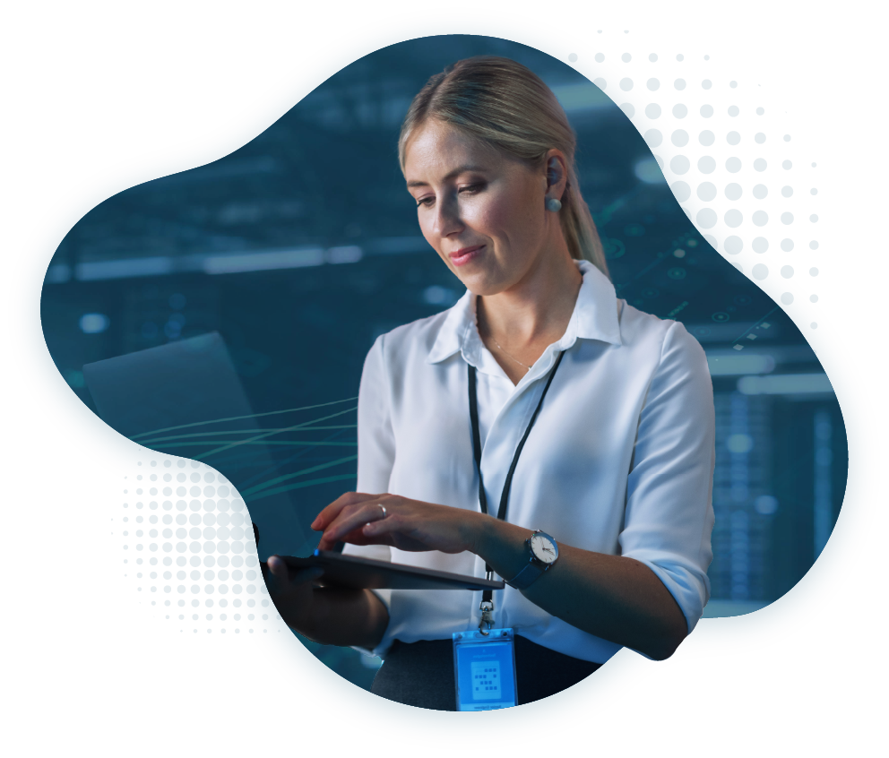 Graphic of woman on her laptop with data servers in the background.