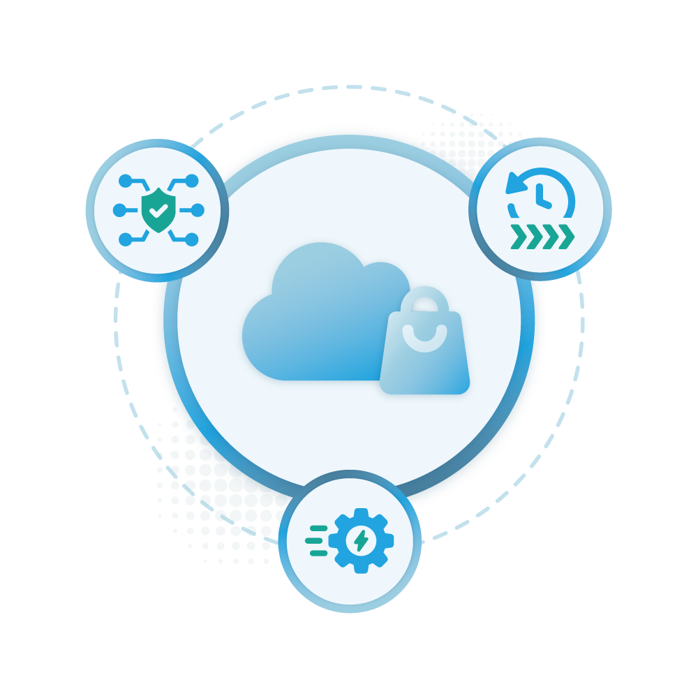 Graphic of Microsoft Marketplace icon surrounded by a security, efficiency, and time-saving icon.