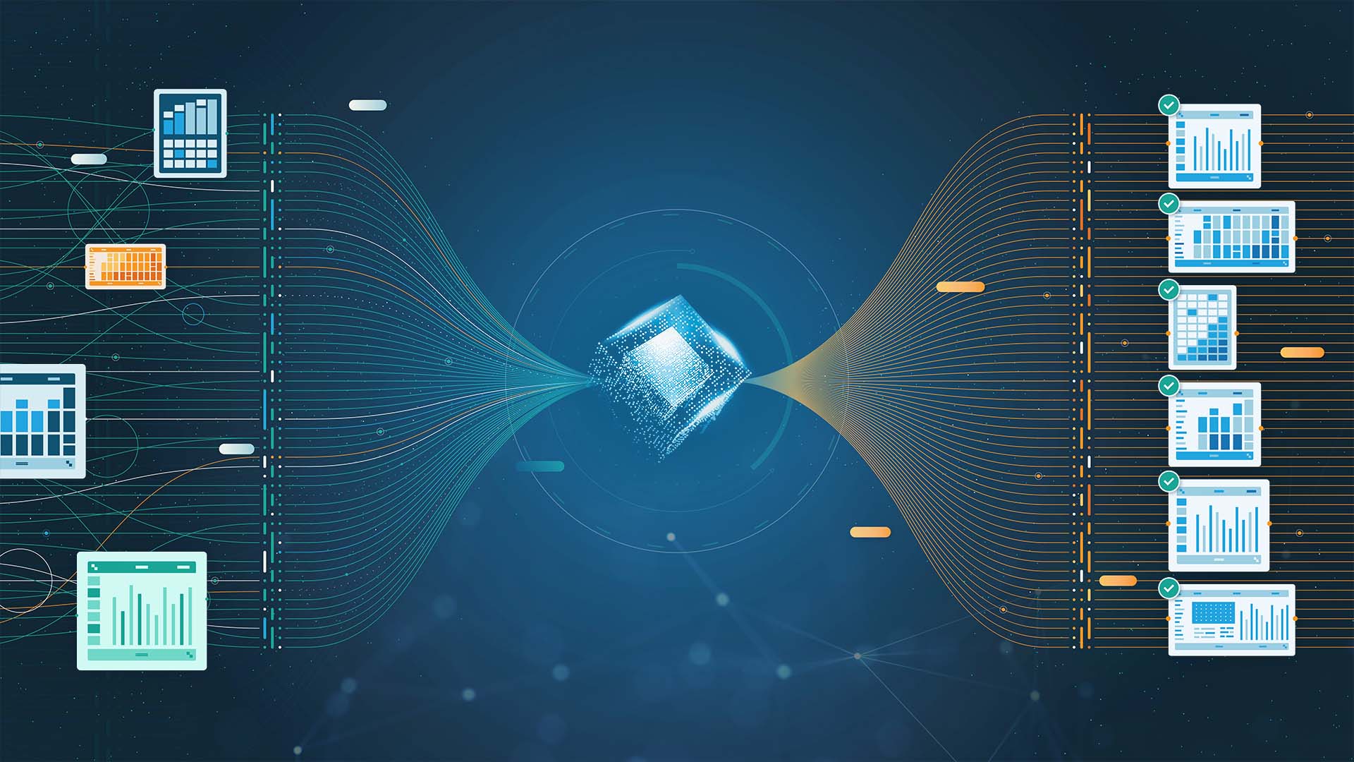 Diagram illustrating a data quality management pipeline, with multiple raw data sources on the left flowing through a central processing hub into clean, validated outputs on the right.