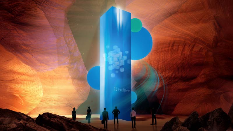 A group of office workers gather around a large, glowing obelisk-like structure representing a single source of truth for data.