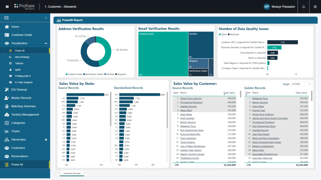 A Profisee Power BI dashboard showing data verification results and quality issues.